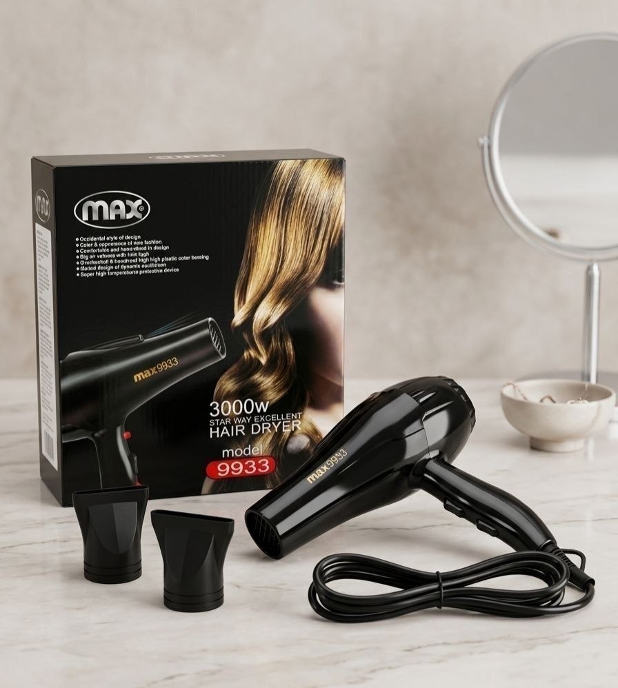 📌 مجفف الشعر الاحترافي
MAX Professional Hair Dryer 9933

✨ أداء قوي وتجفيف سريع، مناسب للاستخدام المنزلي والاحترافي داخل صالونات التجميل والكوافير.

🔹 المميزات:

✔️ محرك قوي بقدرة 3000 واط لتجفيف الشعر بسرعة وكفاءة.
✔️ سرعتان مختلفتان للتحكم في قوة الهواء.
✔️ 3 مستويات للحرارة تناسب جميع أنواع الشعر.
✔️ زر هواء بارد لتثبيت التسريحة ومنح الشعر مظهراً أكثر لمعاناً.
✔️ نظام حماية من الحرارة الزائدة لزيادة الأمان أثناء الاستخدام.
✔️ هيكل مقاوم للحرارة مصنوع من خامات عالية الجودة.
✔️ تصميم مريح وخفيف لسهولة الاستخدام لفترات طويلة.
✔️ مزود بحلقة تعليق لسهولة التخزين.

🎯 مناسب لمحلات الأجهزة الكهربائية، ومحلات مستحضرات التجميل، والكوافيرات ومراكز التجميل.

📦 متوفر بالكميات.
ضمان سنه ضدد عيوب الصناعه